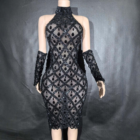 Shimmering Rhinestone High-neck Sleeveless Sexy Mesh Sheer Plaid Evening Gown