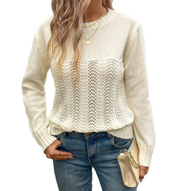 Women's Round Neck Hollow-out Solid Color Sweater