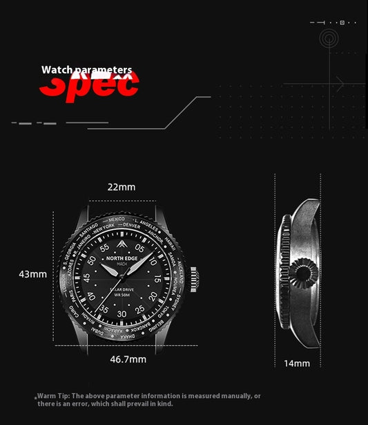Outdoor Sports Pointer Solar Rechargeable Luminous Waterproof Long Endurance Light Driving Round Watch