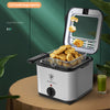 Electric air fryer skewer machine showcasing 2.5L capacity with crispy food inside and stainless steel design.
