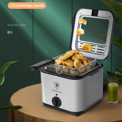 Electric air fryer skewer machine showcasing 2.5L capacity with crispy food inside and stainless steel design.