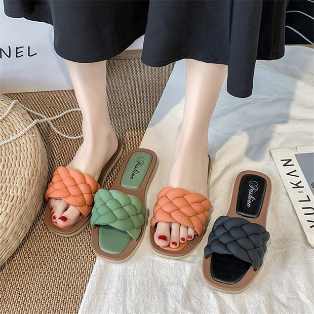 Flat Square Toe Fake Woven Korean Sandals