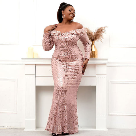Plus Size Women's Sequin Evening Dress — Long Sleeve Elegant Gown