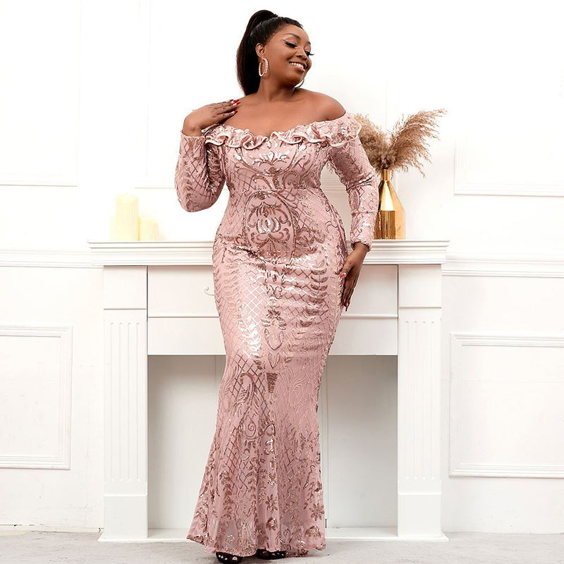 Plus Size Women's Sequin Evening Dress — Long Sleeve Elegant Gown