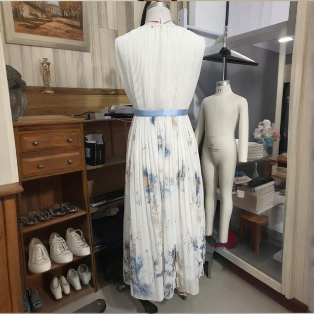 Women's Deep V-Neck Floral Print Sleeveless Maxi Dress With Pockets - Flowy Ruffle Hem Summer Beach Dress