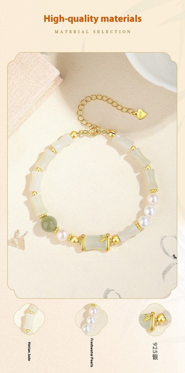 Hetian Jade Bamboo S925 Sterling Silver Niche Freshwater Pearl Bracelet