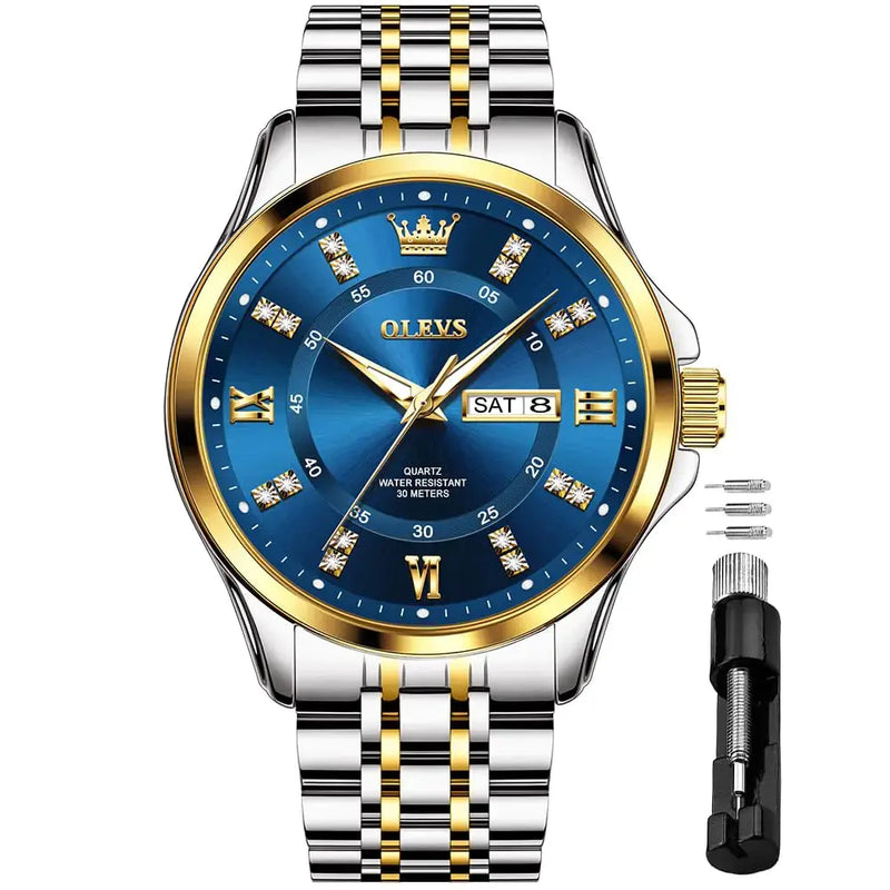 OLEVS Blue Dial Watches for Men Business Diamond Analog Easy Read Men Wrist Watch Waterproof Luminous Calendar Dress Male Wacthes Douson Odeh