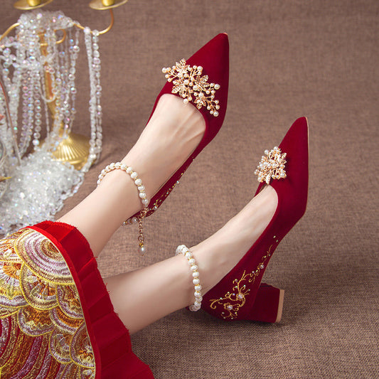 Wine Red Pointed Toe Chunky Heel Wedding Shoes For Women