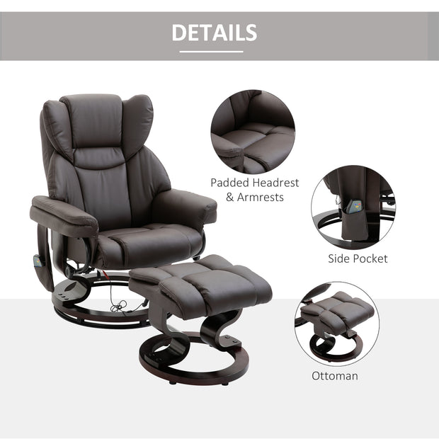 Massage Recliner Chair Brown With Ottoman 10-Point Vibrating Swivel For Bedroom & Living Room