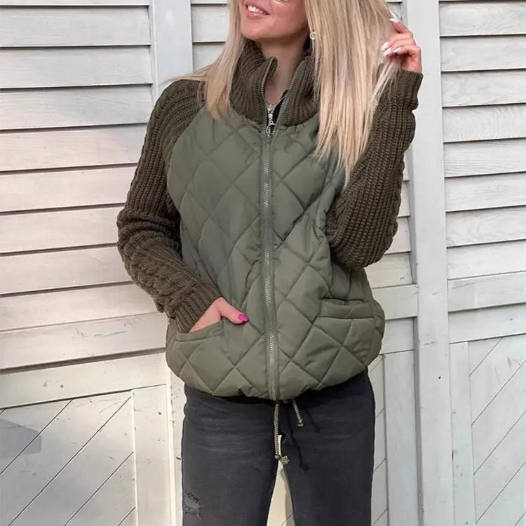 Stand Collar Cotton Jacket With Pockets Fashion Knitted Stitching Zipper Coat Winter Warm Tops For Women Douson Odeh