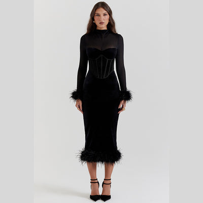 Autumn Dress Style Fashion Furry Waist Mesh Stitchin