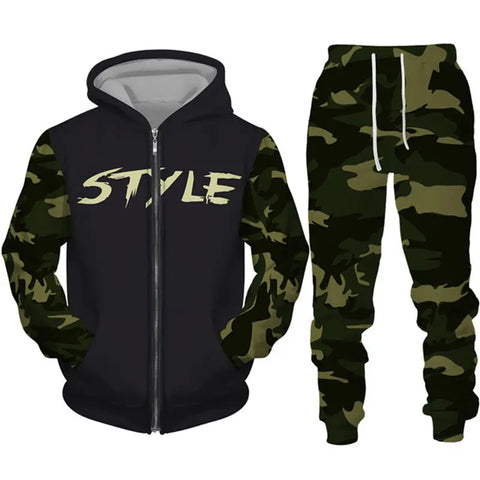Men's Camouflage Print Zipper Hoodie Pants Set Douson Odeh
