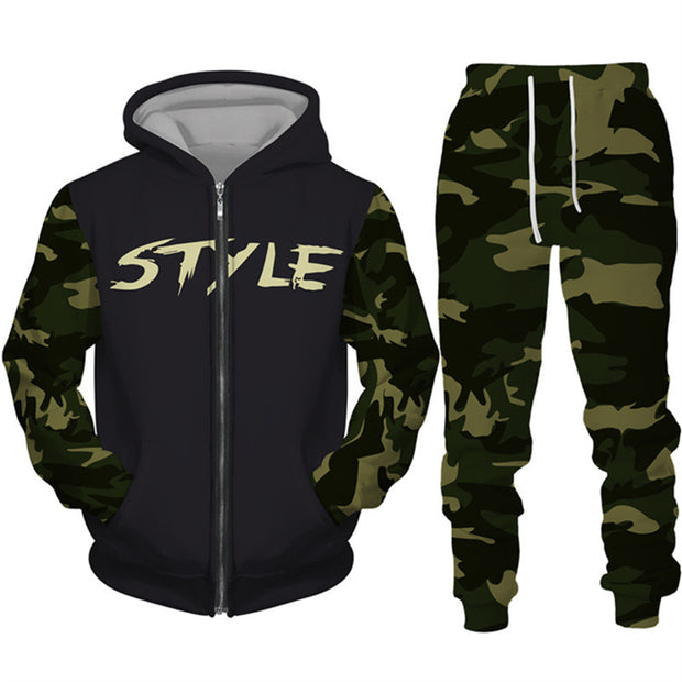 Men's Camouflage Print Zipper Hoodie Pants Set