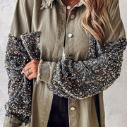 Women'S Long Sleeved Denim Jacket With Sequin Patchwork