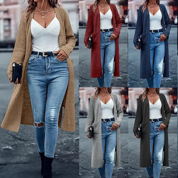 Knitted Pocket Cardigan Long Slit Loose Coat Sweater