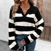 Women's Long Sleeve Polo Collar Stripes Sweater