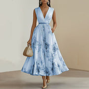 Women's Deep V-Neck Floral Print Sleeveless Maxi Dress With Pockets - Flowy Ruffle Hem Summer Beach Dress