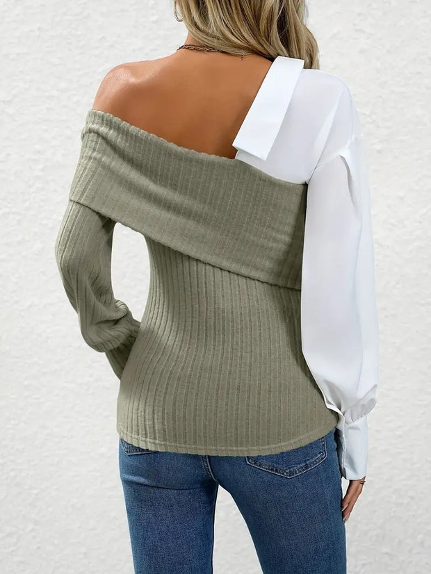 Elegant One Shoulder Patchwork Knit Top