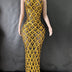 Shimmering Rhinestone High-neck Sleeveless Sexy Mesh Sheer Plaid Evening Gown