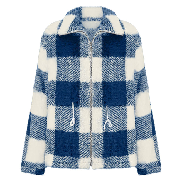Women's Long-sleeved Plaid Lapel Zipper Plush Coat