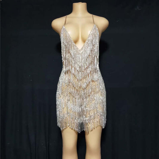 Sexy Deep V Rhinestone Tassel Bulk Evening Gown