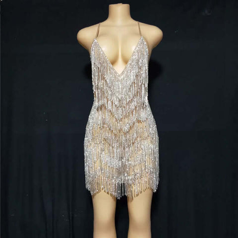 Sexy Deep V Rhinestone Tassel Bulk Evening Gown