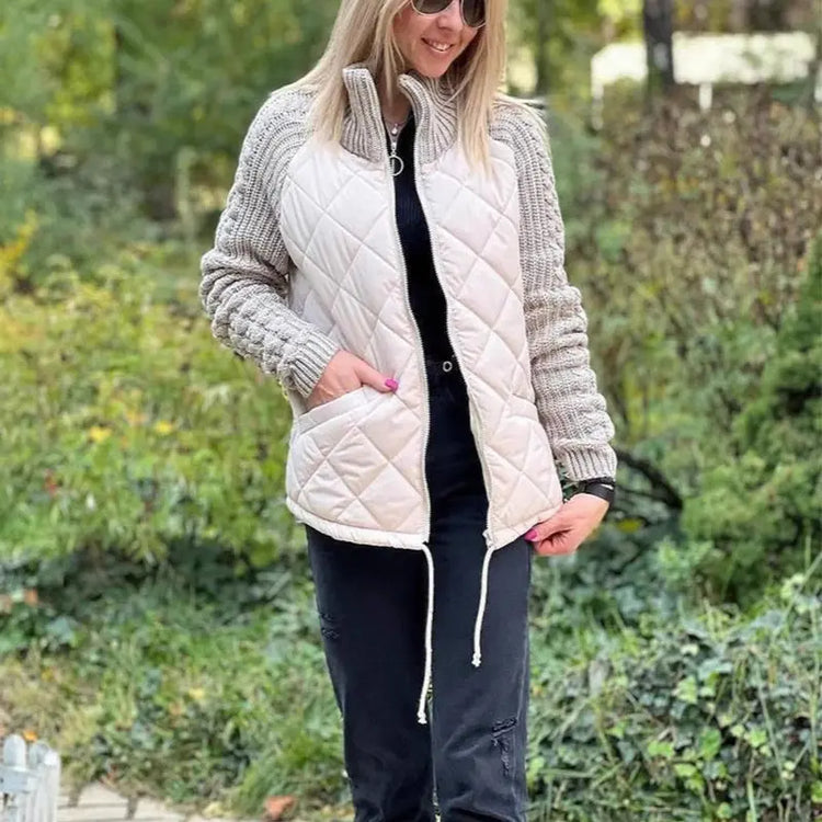 Stand Collar Cotton Jacket With Pockets Fashion Knitted Stitching Zipper Coat Winter Warm Tops For Women Douson Odeh