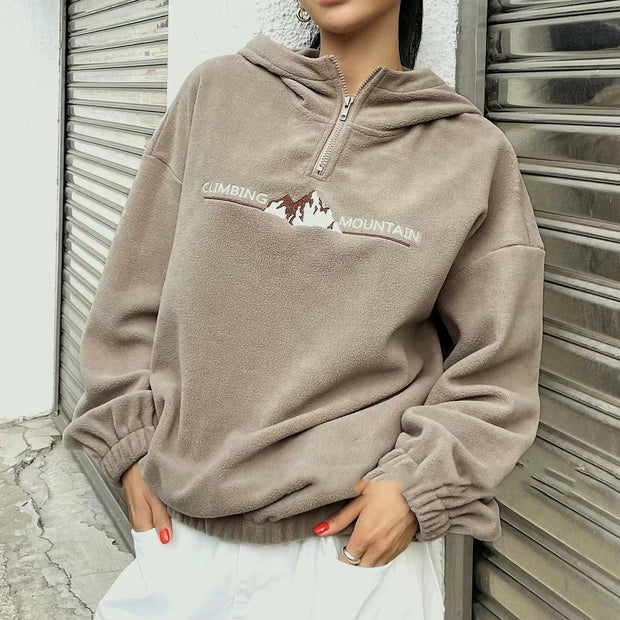Women's Plush Hooded Zipper Sweatshirt Loose