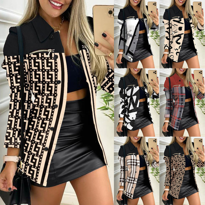 Long Sleeve Zipper Color Matching Printing Lapel Small Coat