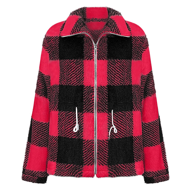 Women's Long-sleeved Plaid Lapel Zipper Plush Coat