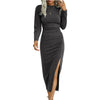 Solid Colour Round Neck Slim Fit Long Sleeve Split Temperament Dress