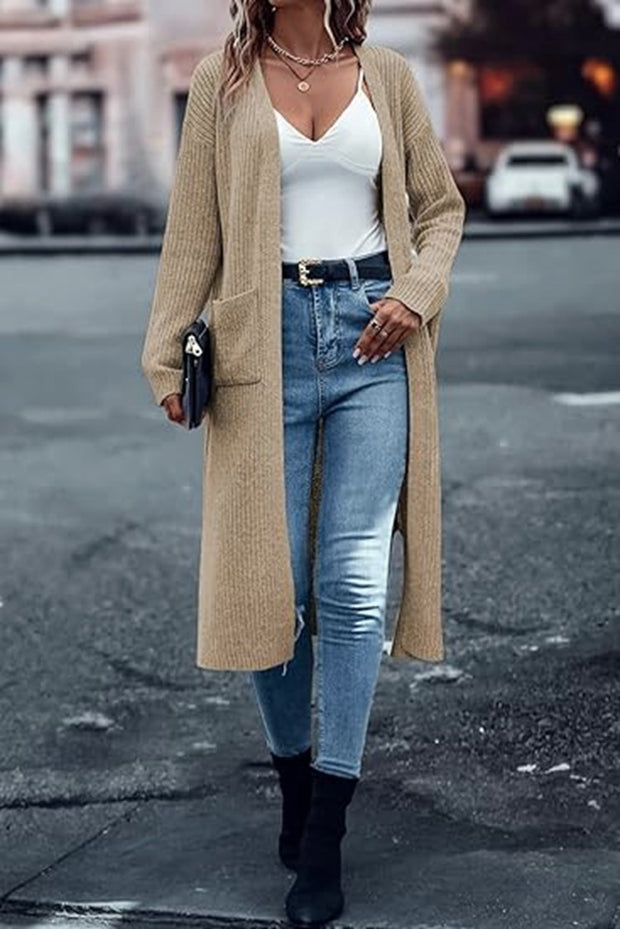 Knitted Pocket Cardigan Long Slit Loose Coat Sweater