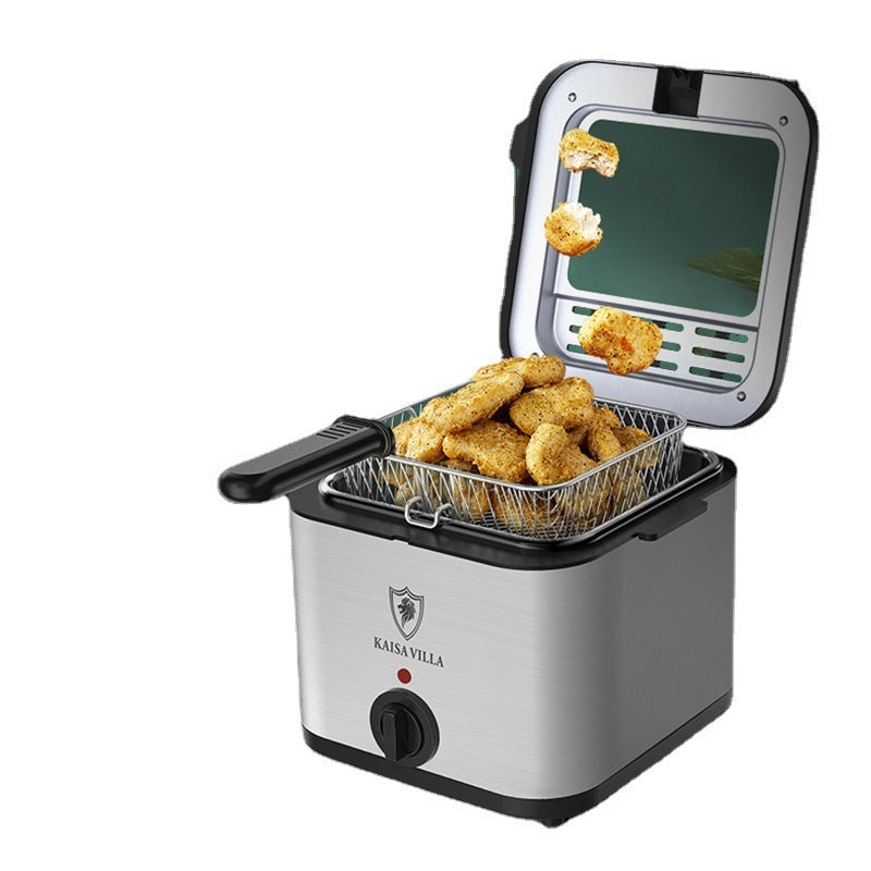 electric air fryer skewer machine with fried food inside and open lid, stainless steel design.