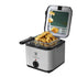 electric air fryer skewer machine with fried food inside and open lid, stainless steel design.