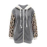 Long-sleeve Zipper Leopard Splicing Hooded Plush Coat For Women