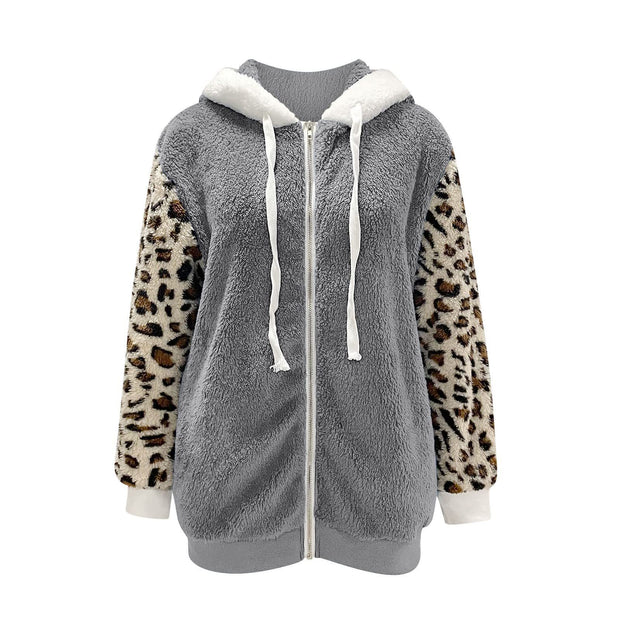 Long-sleeve Zipper Leopard Splicing Hooded Plush Coat For Women