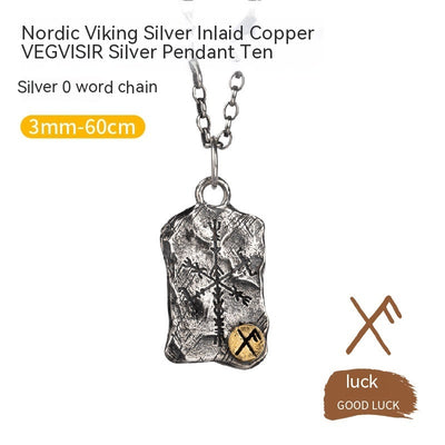 Viking Luen Letter Hammered Pendant Compass Silver Necklace