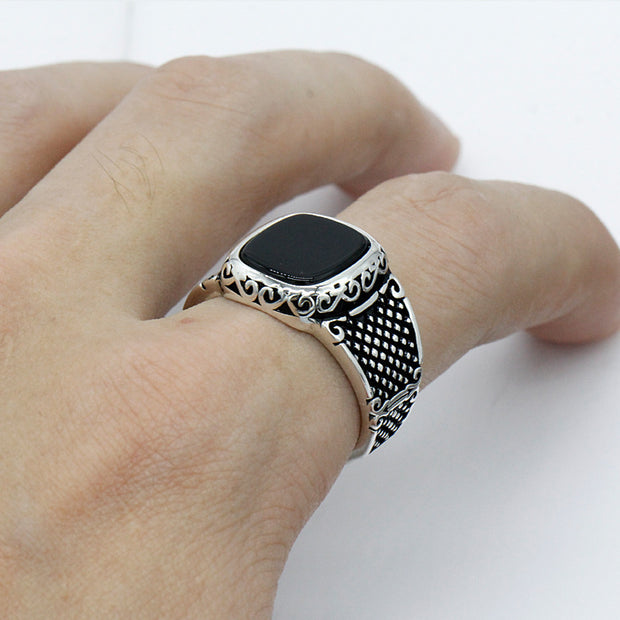 925 Silver Vintage Thai Silver Black Agate Ring