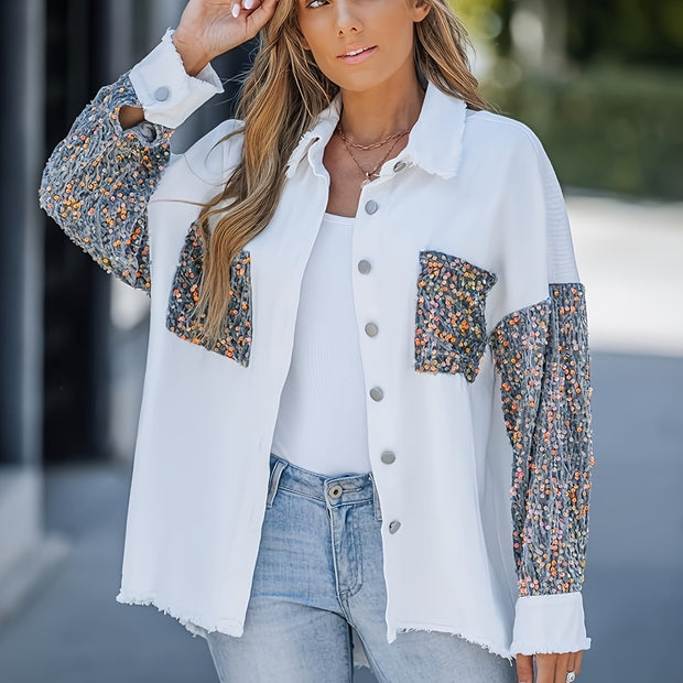 Women'S Long Sleeved Denim Jacket With Sequin Patchwork