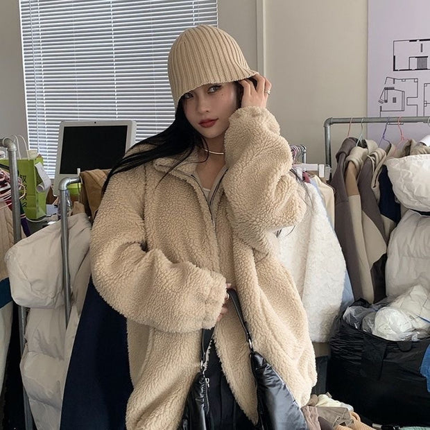Korean Leisure Simple Stand Collar Loose All-match Lamb Wool Coat