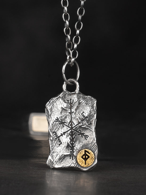 Viking Luen Letter Hammered Pendant Compass Silver Necklace