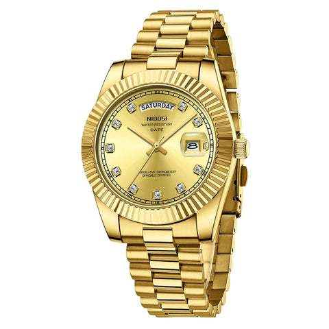 NIBOSI Men Watches Analog Quartz Stainless Steel Watches for Men Waterproof Business Classic Desiger Wrist Watch Day & Date (B03-All Gold) Douson Odeh