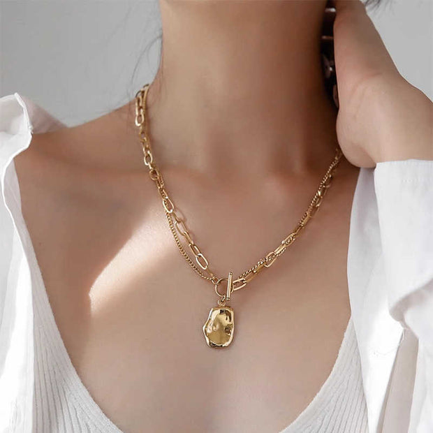 Special-shaped Oval Double-layer OT Buckle Long Twin Necklace