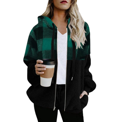 Plaid Color Matching Plush Hooded Sweater Zipper Jacket