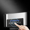 Person using touch button on all-in-one espresso machine with milk frother for coffee selection.