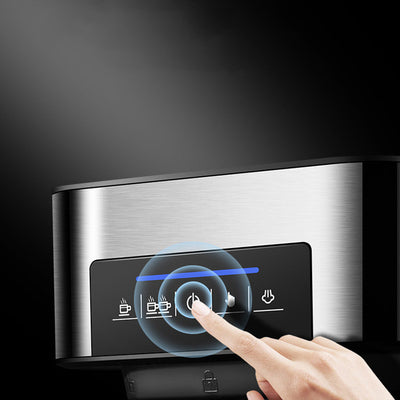 Person using touch button on all-in-one espresso machine with milk frother for coffee selection.