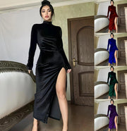 High Neck Long Velvet Dress Slim Slit Women's Dress