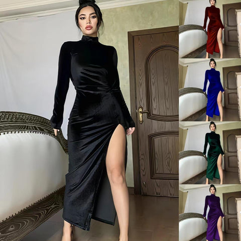 High Neck Long Velvet Dress Slim Slit Women's Dress