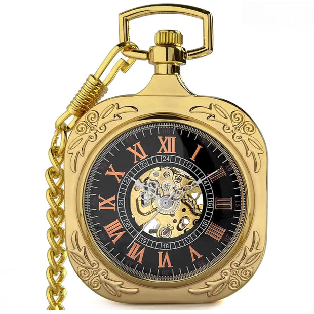 VIGOROSO Mens Gold Roman NO. Pocket Watch with Chain Skeleton Hand Wind Up Mechanical Pocket Watches for Men & Women