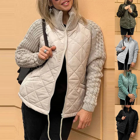 Stand Collar Cotton Jacket With Pockets Fashion Knitted Stitching Zipper Coat Winter Warm Tops For Women Douson Odeh